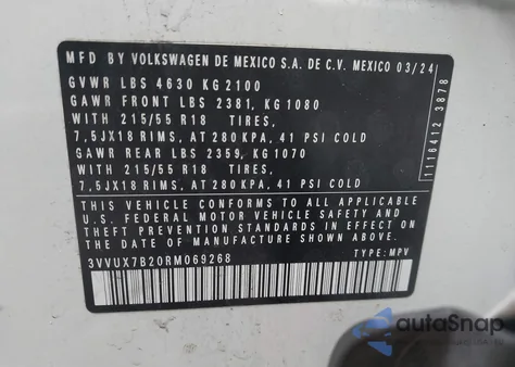 2024 Volkswagen Taos 1.5T Se из США, поврежденный, VIN 3VVUX7B20RM069268